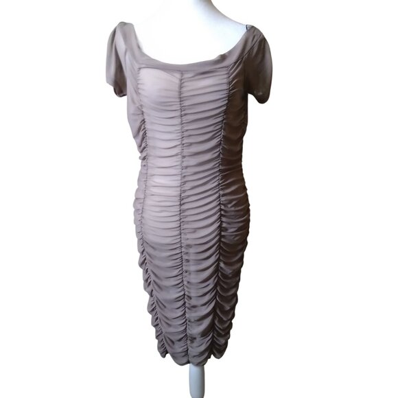 Forever 21 Plus Women's 0X Short Sleeve Sheer Ruched Dress Knee Length Cocoa NEW - Picture 1 of 6